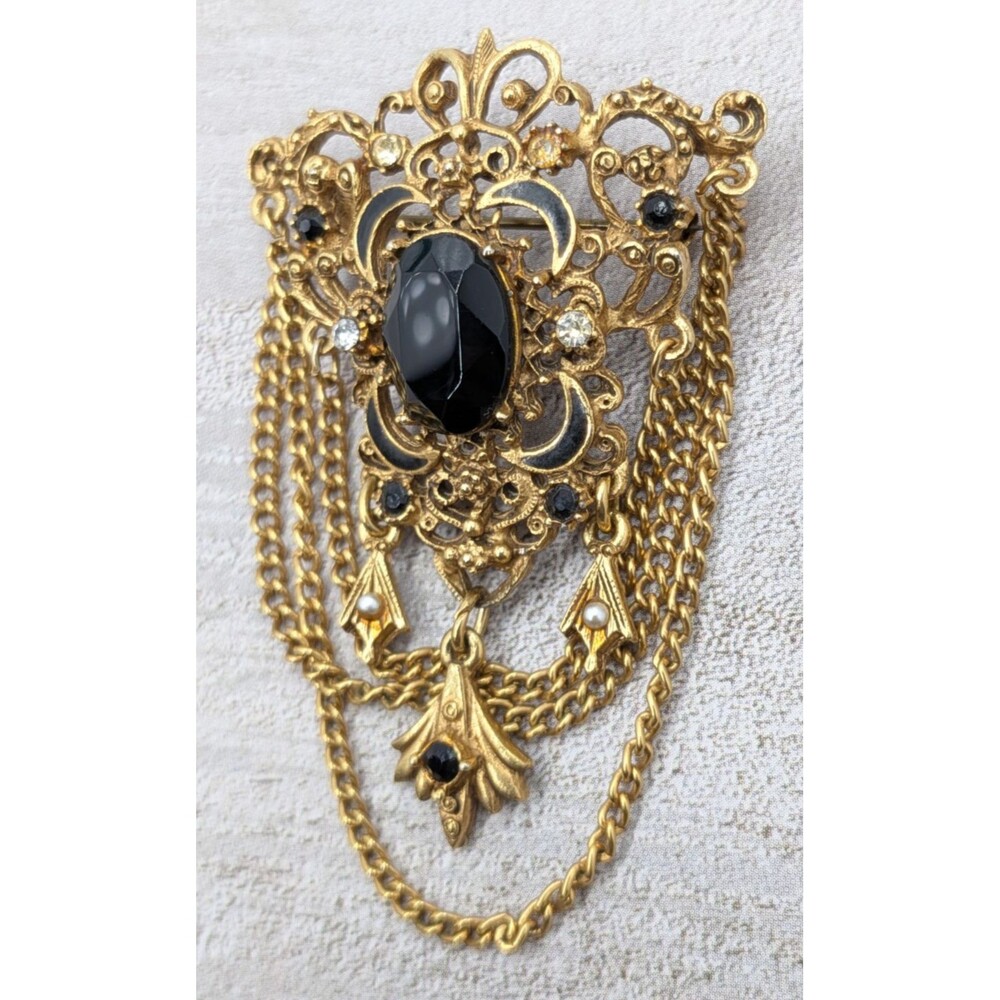 Florenza Brooch Black Cabochon Drape Chain Gold Tone Filigree 2.5in Signed Pin - Picture 3 of 16